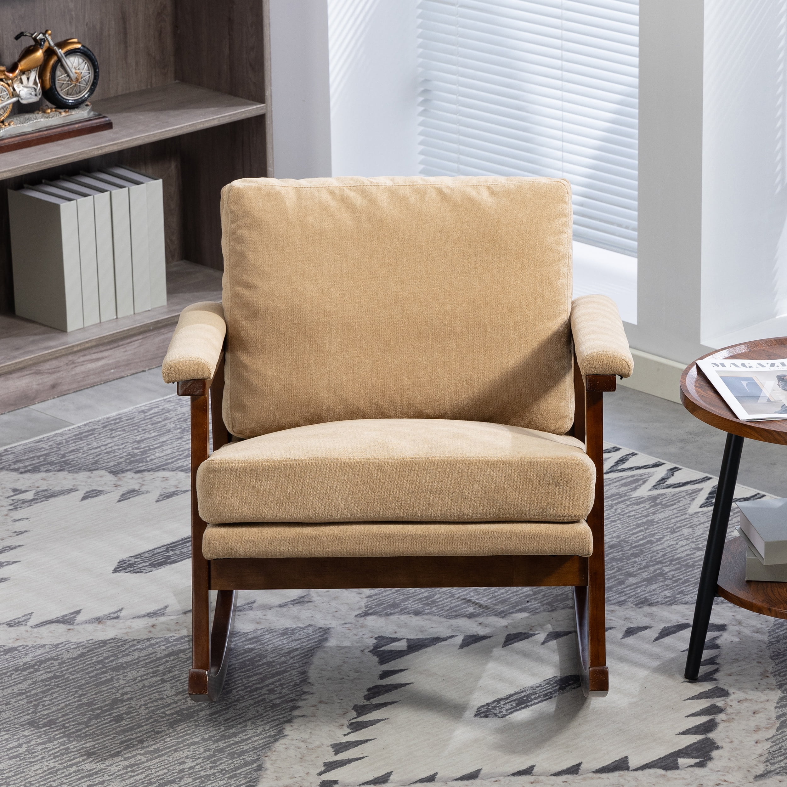 Paproos Rocking Chair, Paproos Velvet Upholstered Rocker Chair, Glider Rocker Accent Chair with Cushion, Rocking Chair for Nursery, Armchair Reading Chair for Living Room Bedroom, Khaki