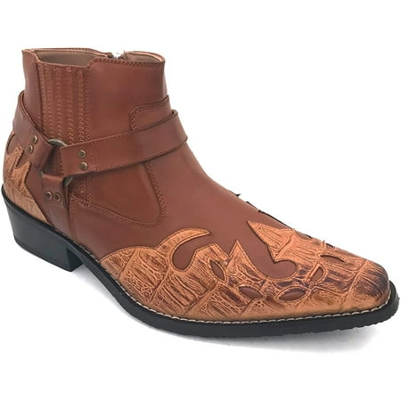 

Men s Cowboy Boots Western Leather Lined Ankle Harness Strap Side Zipper Shoes