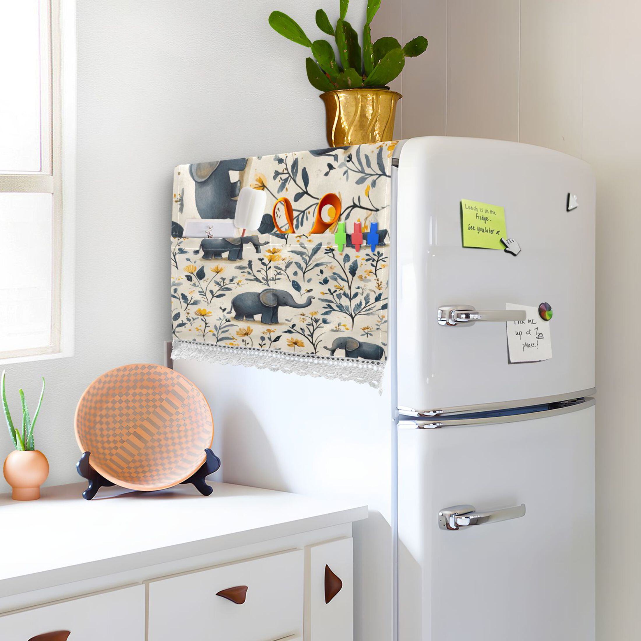 Lovely ElephantsWasher and Dryer Covers Dust-Proof and Oil Resistant Fridge Cover with 4 Storage Pockets Washing Machine Top Cover for Laundry Kitchen Home 51.2 x 22 In