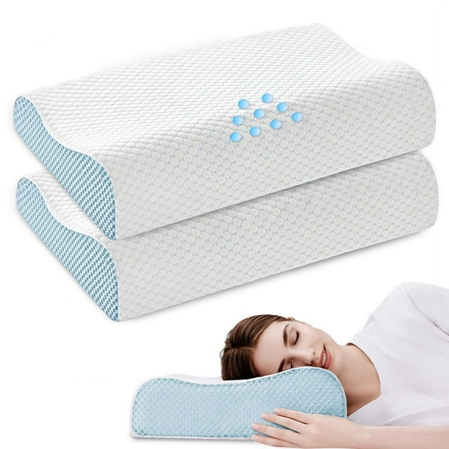 Cervical Memory Foam Pillow Set of 2 for Neck and Shoulder Pain Relief, Orthopedic Contour Bed Pillow for Side, Back, Stomach Sleepers, Removable and Washable Cover, Blue