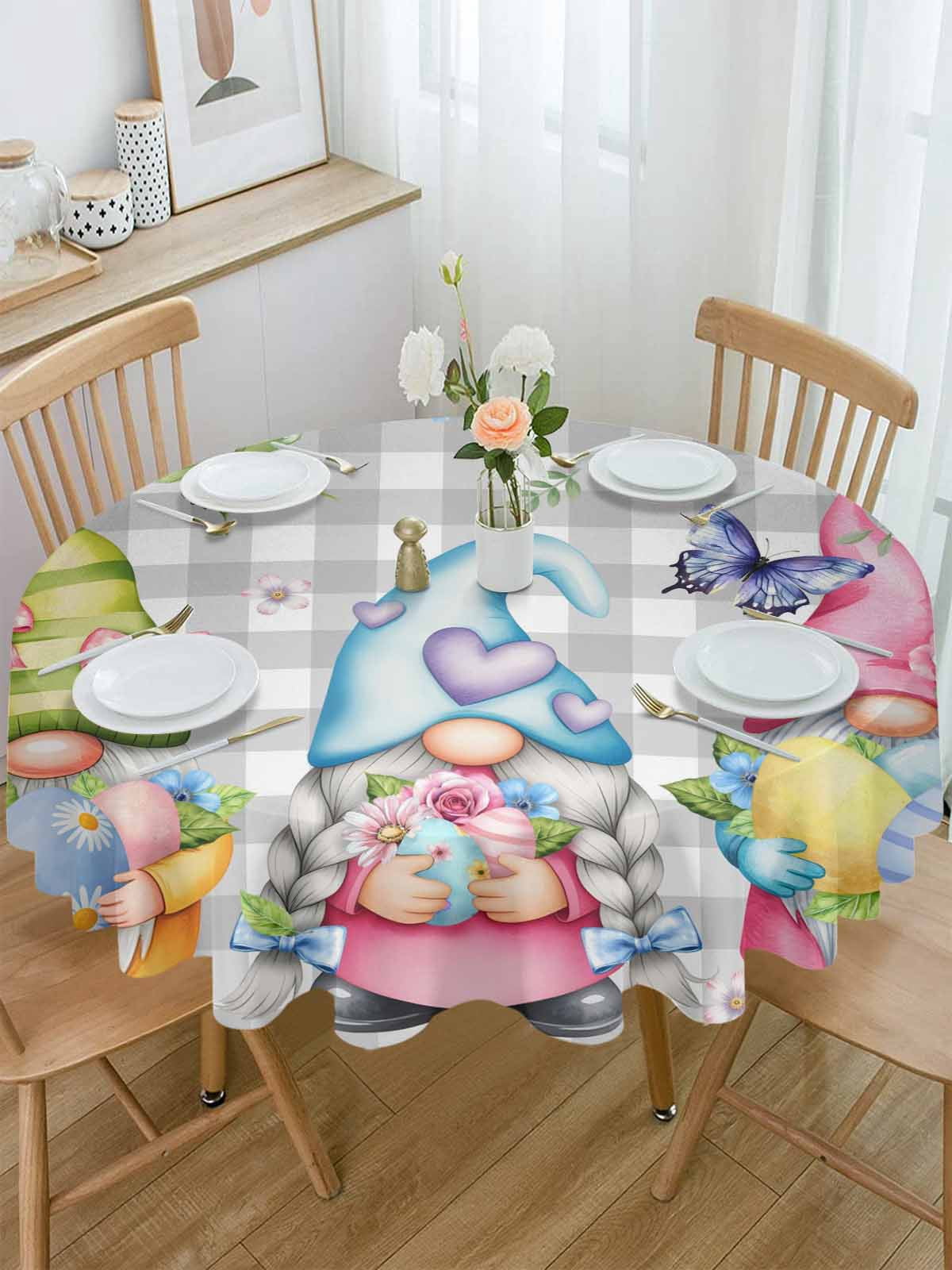 Round Tablecloth Spring Gnomes Easter Waterproof Oil Proof Polyester Table Cloth Cover Decor for Home Dining Outdoor,Patio,Parties, 54" Dia. Flowers Butterflies Grey Plaid