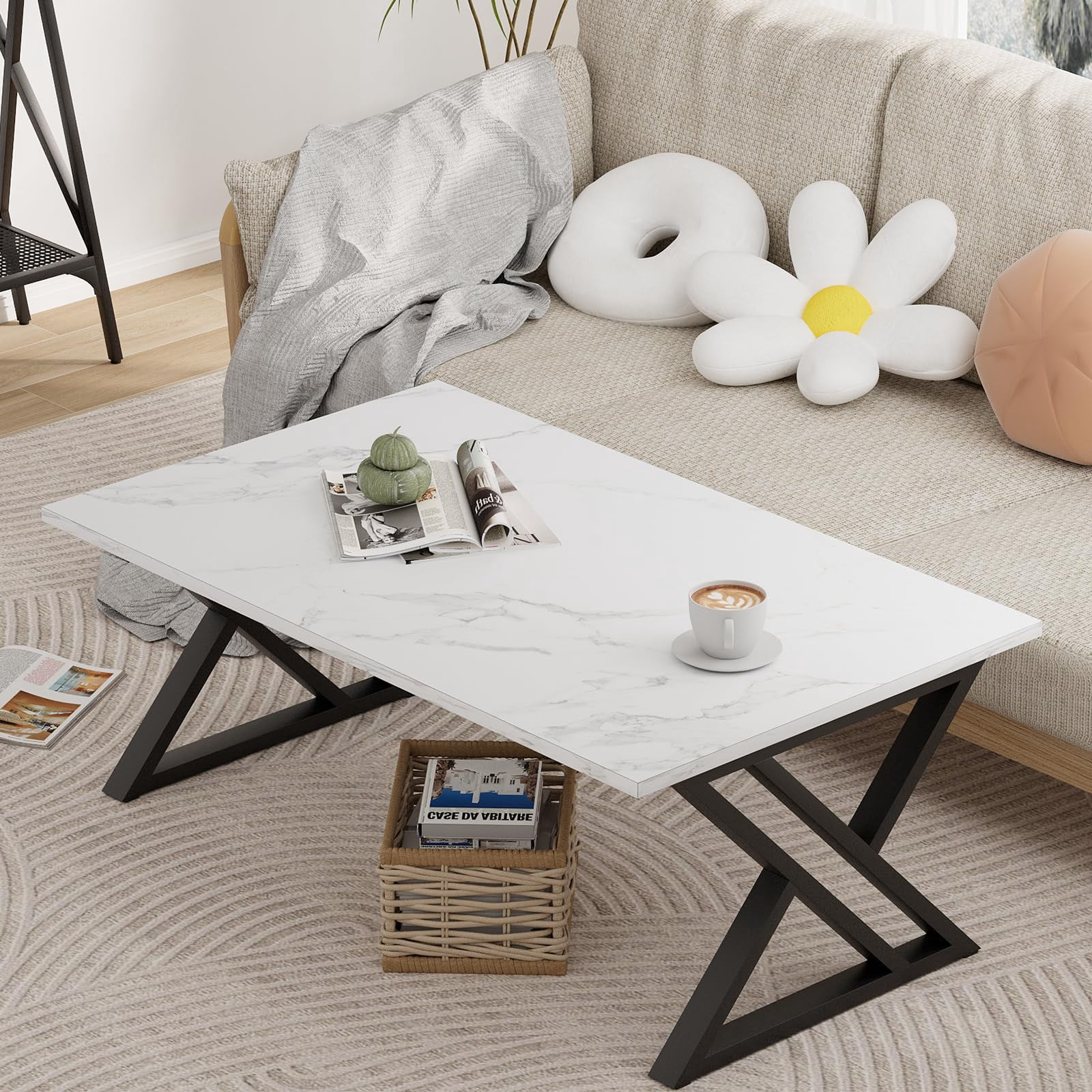 Coffee Table White Living Room Center Table, Simple Modern Faux Marble Rectangular Tea Table with Sturdy Black Metal Frame,Industrial Wooden Coffee Table for Bedroom Home Office