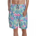 thumbnail image 1 of Palm Leaves Board Shorts Red Flowers Print Beach Short Pants Elastic Waist Comfortable Design Swim Trunks Plus Size 2XL, 1 of 5