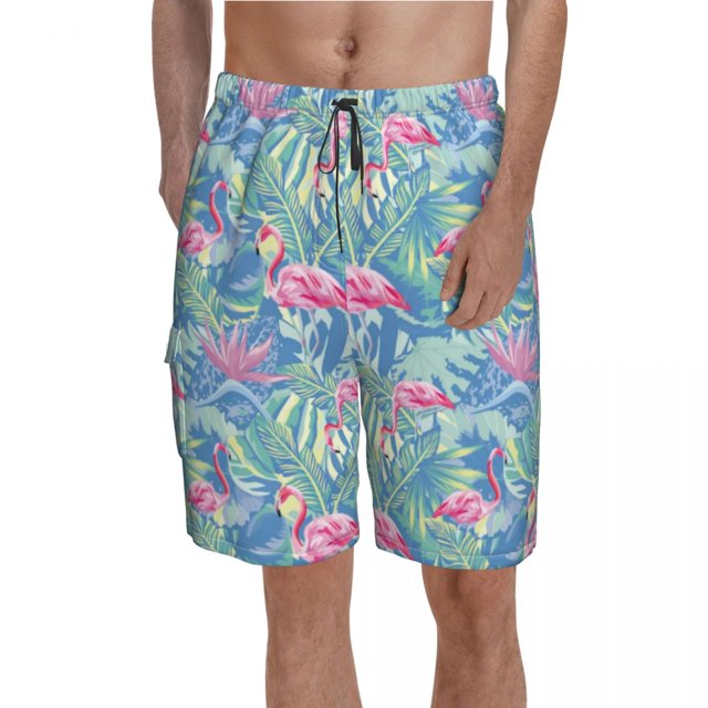 Palm Leaves Board Shorts Red Flowers Print Beach Short Pants Elastic Waist Comfortable Design Swim Trunks Plus Size 2XL