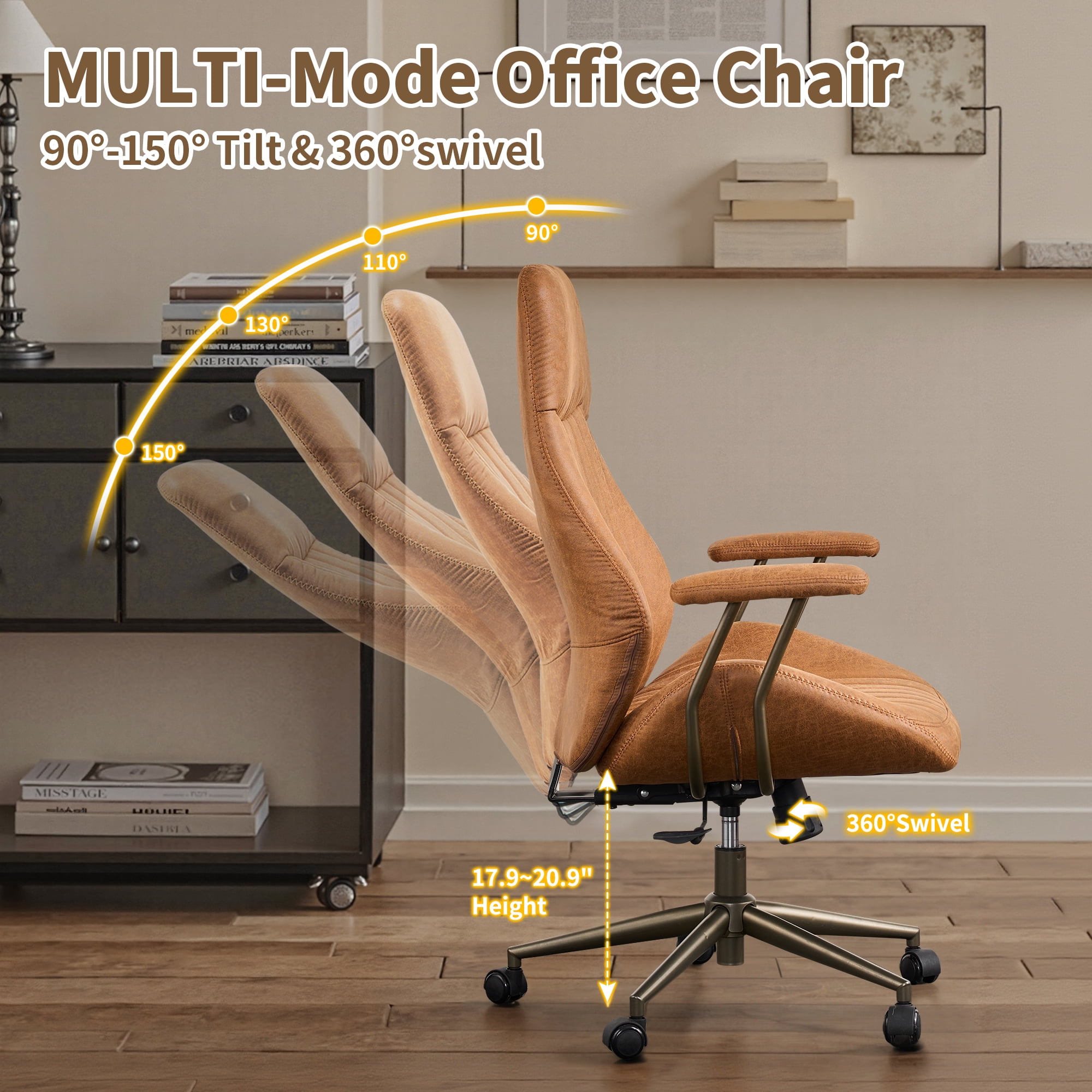 Toject Ergonomic Office Chair, High Back Comfy Home Office Chair with Lumbar Support, Mid-Century Modern Computer Executive Desk Chair with Padded Armrests (Suede Leather, Brown)