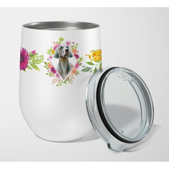 Carolines Treasures CK4191TBL12 Weimaraner Pink Flowers Stainless Steel 12 oz Stemless Wine Glass 12 oz multicolor
