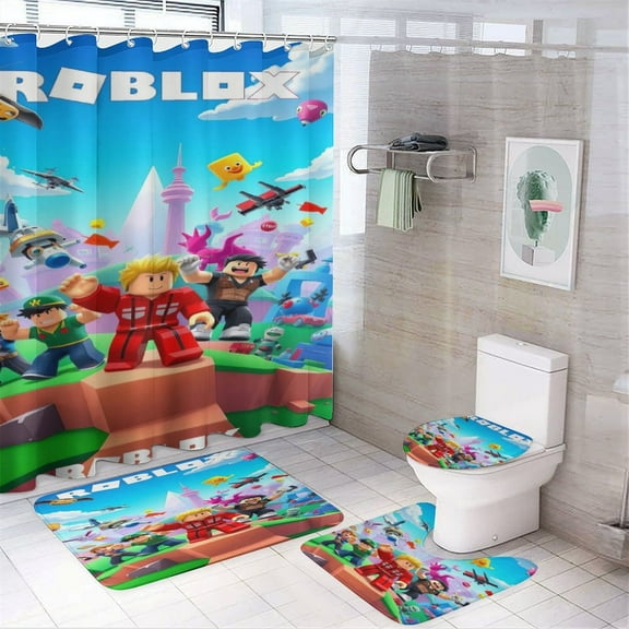 Roblox Power 4 Pcs Shower Curtain Sets Non-Slip Rugs Bath Mat Toilet Cover U Shaped Mat for Bathroom Decor Bathroom Set 72" X 72"