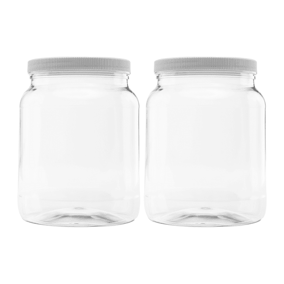 Clearview Containers: 2 Pack - 64 oz (Half Gallon) Plastic Storage Jars with 110-400 Leak Proof White Lid, Food Grade, BPA Free, Hand Wash Only (64oz, 2pk)