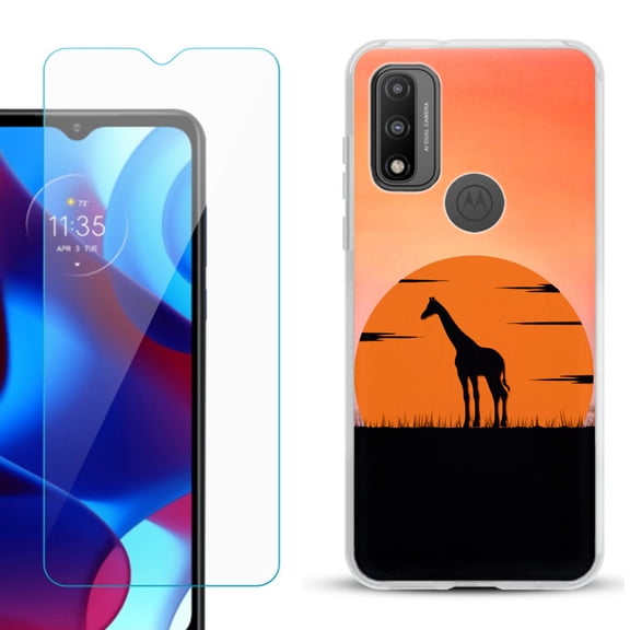 Slim-Fit Gel TPU Phone Case for Motorola Moto G Pure, with Tempered Glass Screen Protector, by OneToughShield ® - Sunset Giraffe