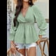 thumbnail image 5 of Blusa Cruzada con Cuello en V y Mangas Largas Abullonadas para Mujer, Camiseta Informal con Dobladillo con Volantes para y Verano. Verde XL, 5 of 10