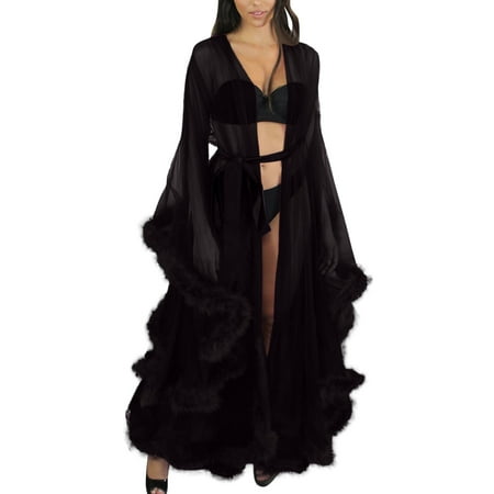 Lingerie for Women Fashion Tulle Robe Long Nightgown Bathrobe Sleepwear Feather Bridal Robe Lace Underwear