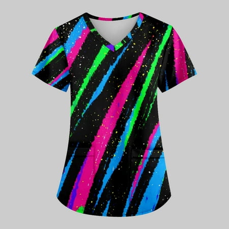 

Yubatuo Women Plus Size Scrubs Top with Pockets V-Neck Short Sleeve Printed Work Blouse for Women Multicolor 2XL