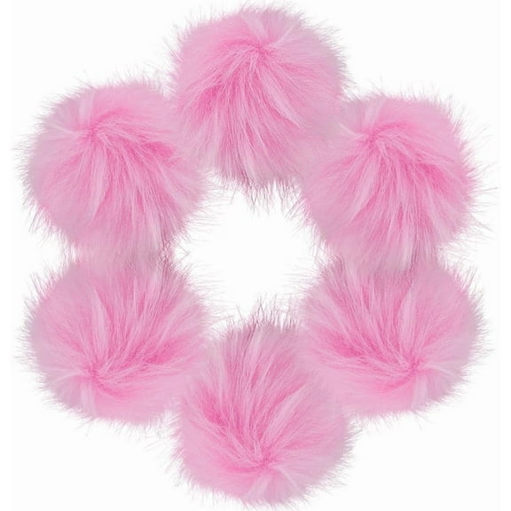 6Pcs Fur Pink Crochet Hat Pompom with Metal Snap Button Detachable 3.94 Inch Fluffy Fibre Small Balls Handmade Accessories for DIY Hats Shoes Scarves Bags Charms Decoration Pink