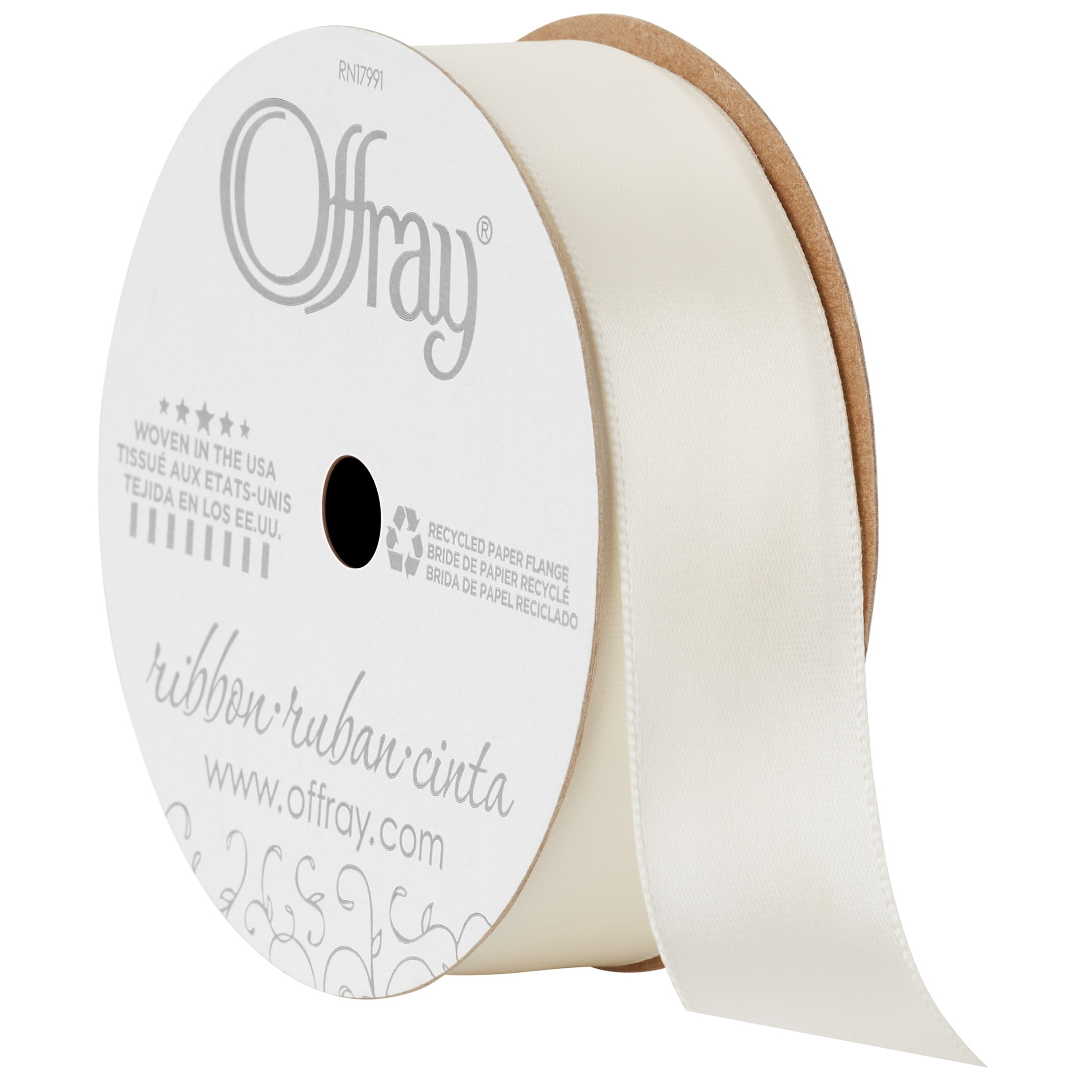 Offray Ribbon, Antique White 7/8 inch Single Face Satin Polyester Ribbon, 18 feet