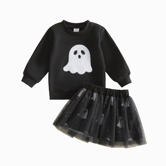 Enyan Toddler Halloween Outfit Girl Long Sleeve Ghost Sweatshirt Tulle Skirt 2-Piece Baby Girls Fall Skirt Set