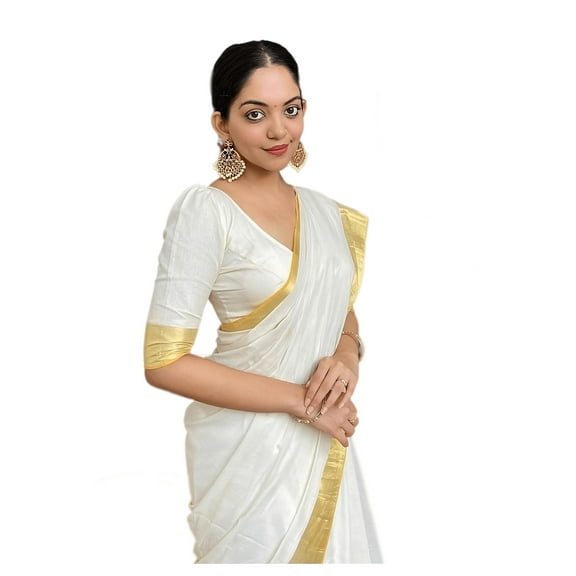 Sidhidata Women's Chandaria Cotton Saree with Unstitched Blouse Piece (Golden White Free Size)