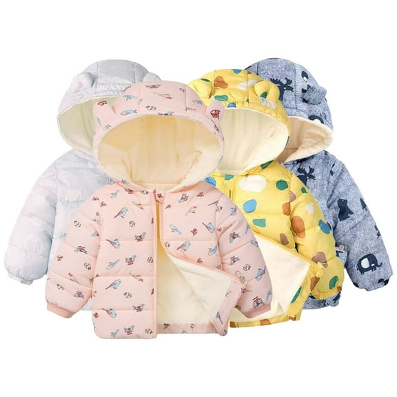Esaierr 1-6Y Boys Girls Hooded Fleece Lined Cotton Coats for Baby Kids Zipper Printed Puffer Jacket Toddler Short Outerwear for Autumn Winter