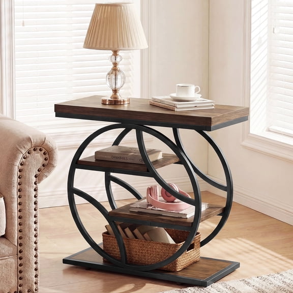 Finmind End Table for Living Room, Narrow Side Table with 4-Tier Storage Shelf and Geometric Metal Frame, Industrial Nightstand for Bedroom, Small Space,