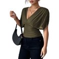 thumbnail image 2 of adaychics Women's Ruched Wrap Tops Deep V Neck Dolman Sleeve Sexy Summer Casual Cinched Waist Tunic Tops for Dating, 2 of 7