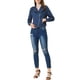 thumbnail image 2 of Chaqueta de mezclilla moto de mujer con solapa asimétrica y cierre de cremallera, de manga larga, color azul medio, 2 of 6
