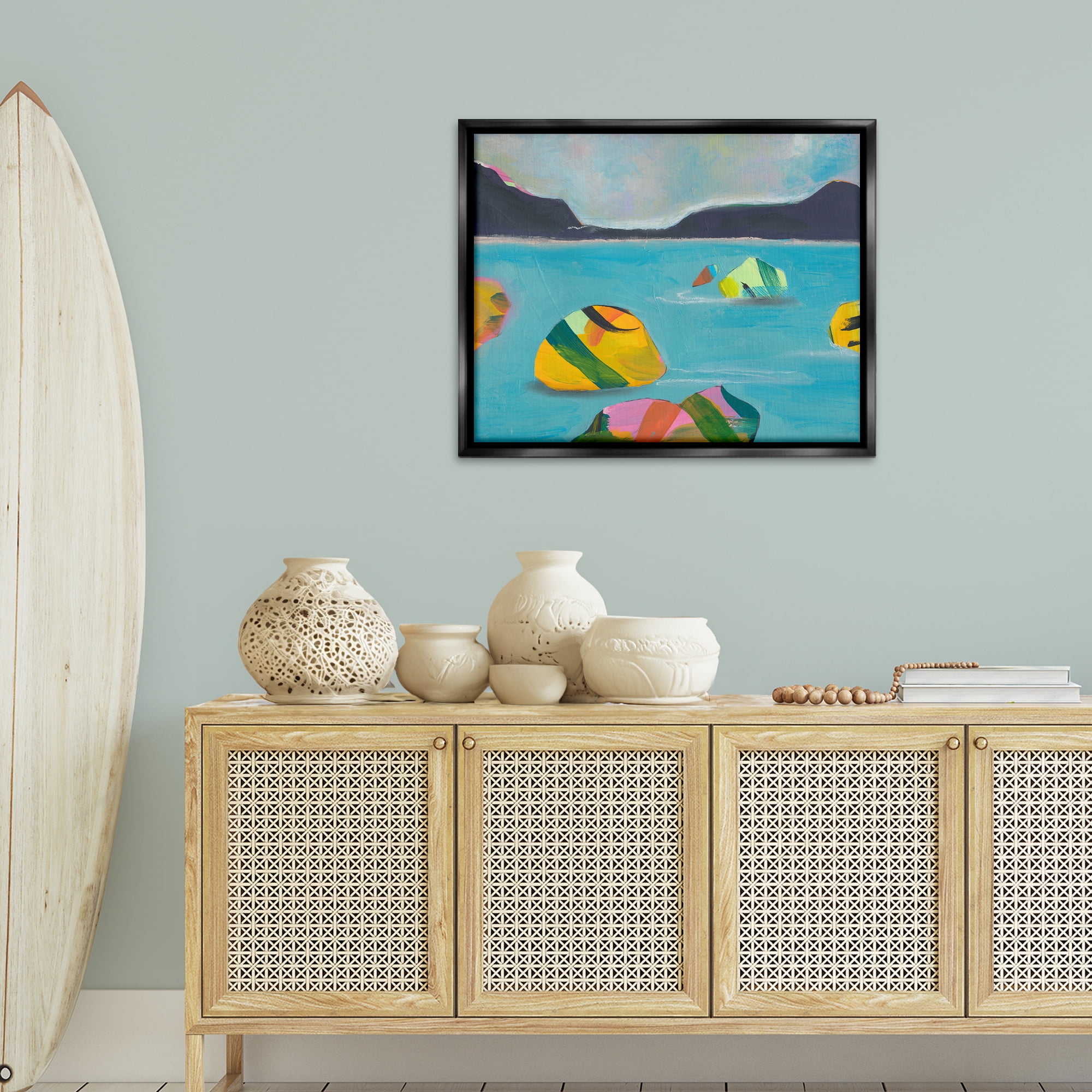 Stupell Industries Sea Buoys Floating Landscape & Nature Painting Black Floater Framed Canvas Art Print Wall Art, 31 x 25