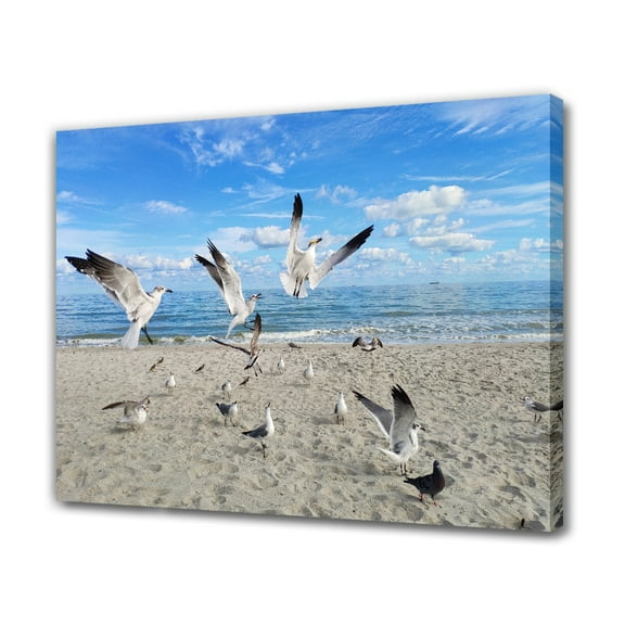 A Flock Of Seagulls Flying And Standing On The Beach Canvas Poster Bedroom Decor Sports Landscape Office Room Decor Gift,Frame-style,24x36inch(60x90cm)