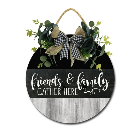 Eveokoki Friends & Family Gather Here Front Door Sign Funny Wreaths Hanging Wooden Plaque Decoration Round Rustic Wood Farmhouse Porch Decor for Home Front Door Decor, 11 x 11 Inch