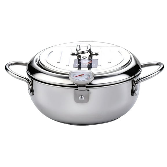 Deep Fryer Pot Stainless Steel Japanese Style Fryer with a Thermometer and Oil Drip Drainer Rack for French Fries Shrimp Chicken Fish