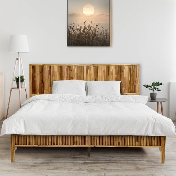 Megsu Bosk Acacia Wood Bed Frame with Headboard, Queen Size Fluted Pattern Inspired, Mid-Century Modern Style Platform Bed – FSC Certified, Noise-Free, Easy Assembly, No Box Spring Needed, Oak