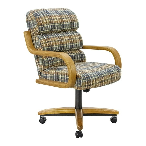 Chromcraft Swivel-Tilt Dining Chairs on Casters, Chestnut Solid Wood Accents, Textured Bronze Pedestal Base, Rumley Galaxy Upholstery, set of 1