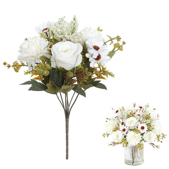 OADUKQ Artificial Flower Bouquet 13, Bendable Wire Stems for Custom Arrangements, for Tabletop Centerpieces Weddings Home, White