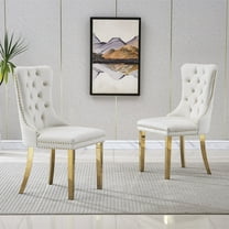 Velvet Dining Chairs Set of 2, Upholstered Tufted Dining Chairs with Stainless Steel Legs & Pull Ring for Dining Room, Living Room(Gold White)