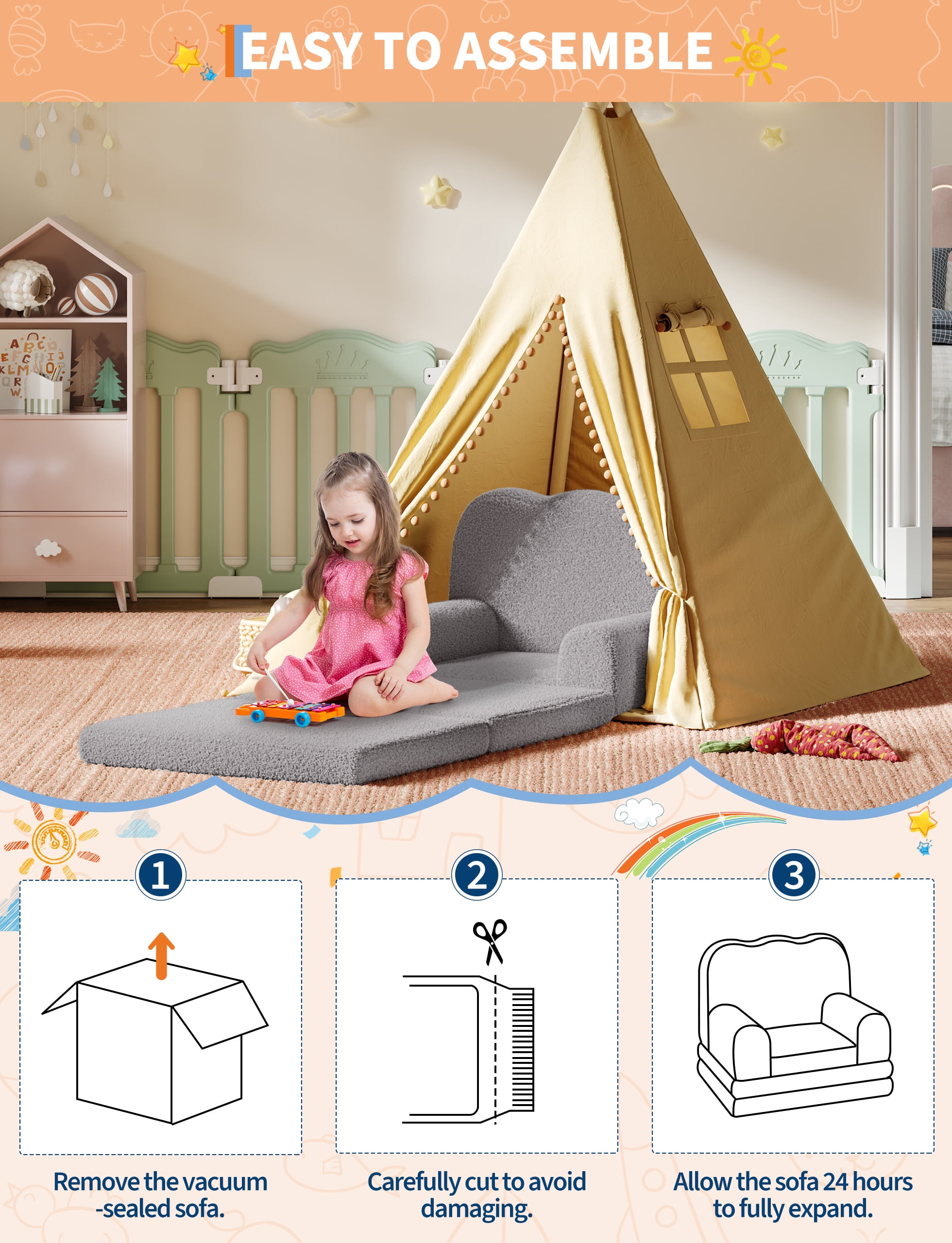 Kids Couch,Convertible to Lounger,2-in-1 Toddler Sofa Chair with Soft Sherpa & High-Density Foam, Foldable Floor Couch Bed for Boys and Girls