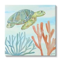 Stupell Industries Green Sea Turtle Floating Underwater Ocean Coral Canvas Wall Art, 24 x 24, Design by Katie Doucette
