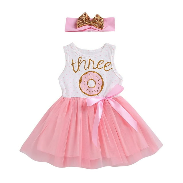 Baby Girls Birthday Dress One/Two/Three Letter Mesh Splicing Tutu Skirt +Bow Headband