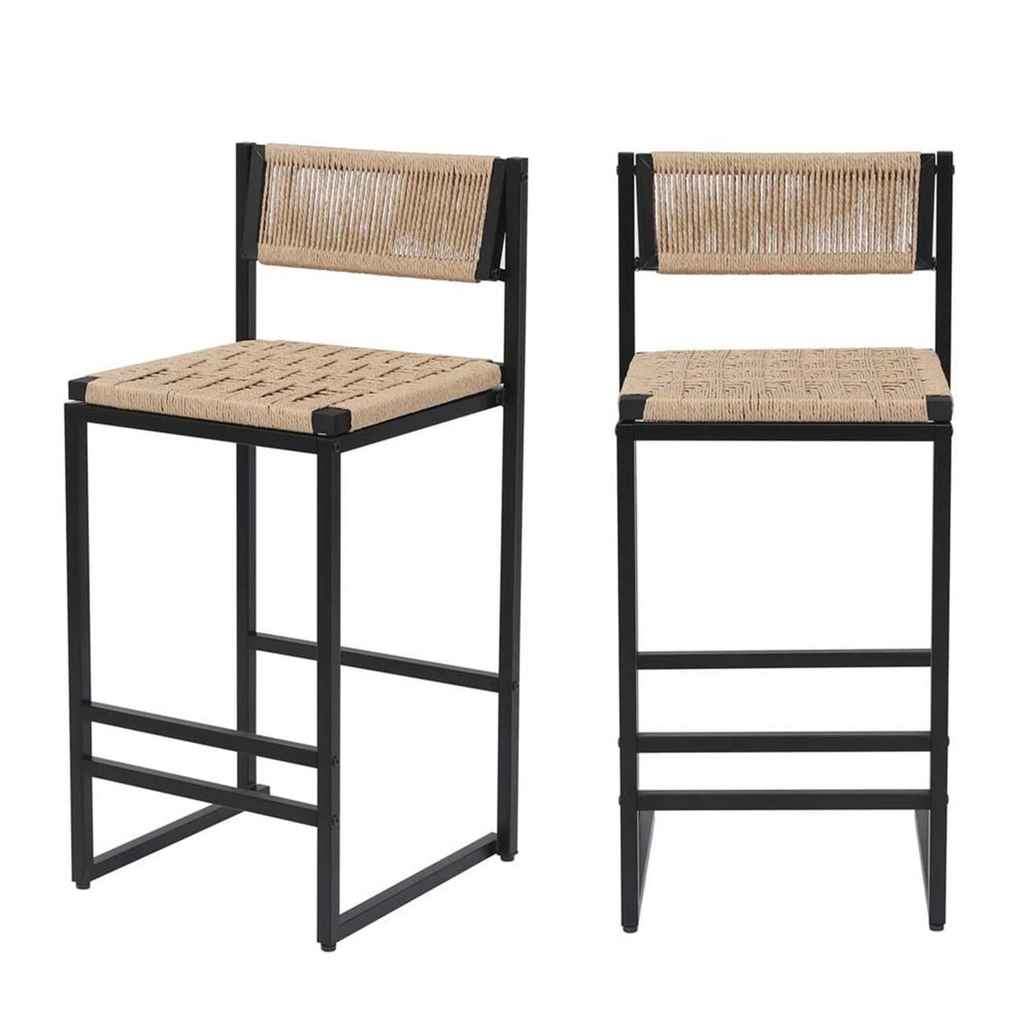 Demi Bonn 34" Counter Height Bar Stools Set of 2, Paper Rope Weave Barstools with Back, Armless Kitchen Island Countertop Chairs for Dining Room, Beige