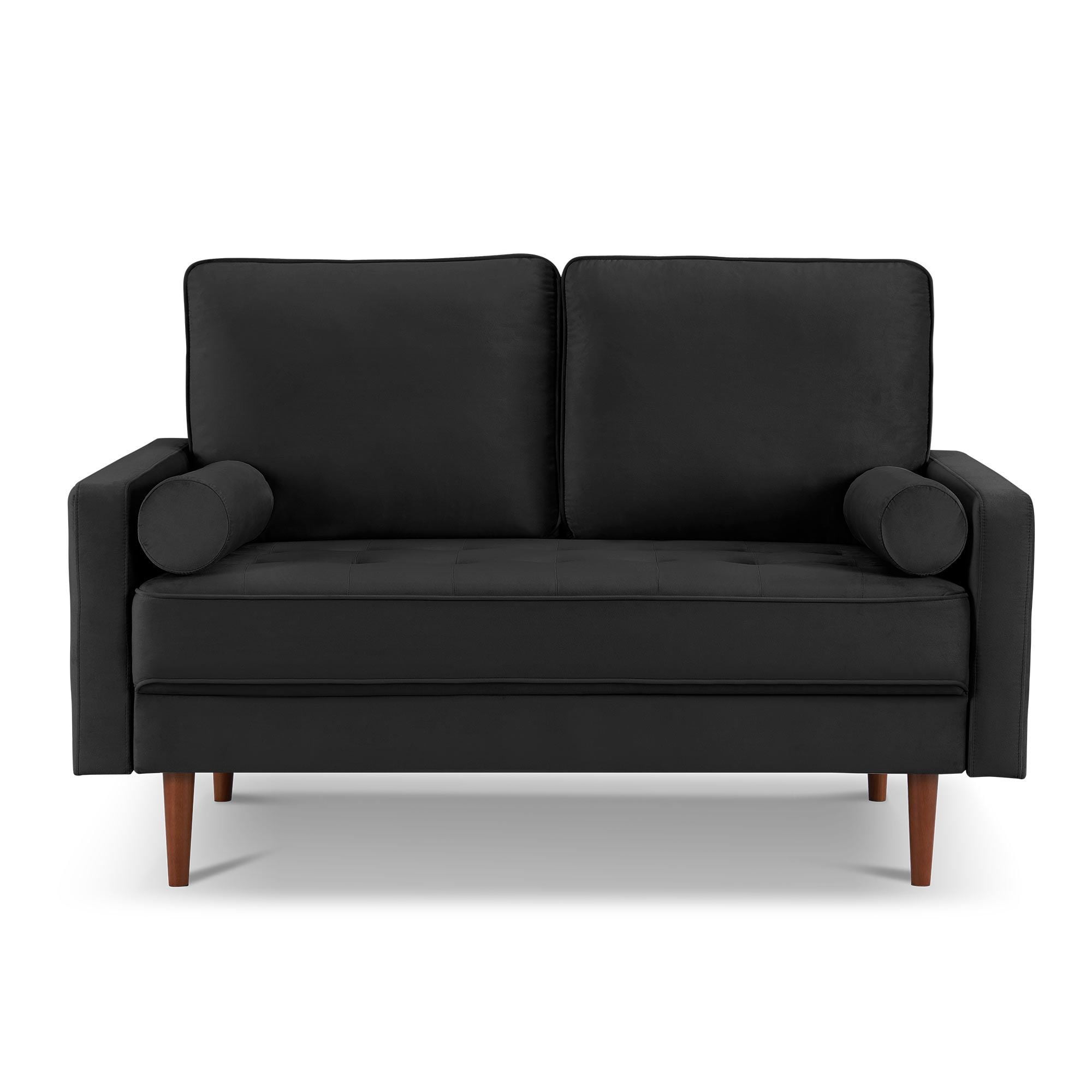 Dixie 57" Small Sofa Loveseat Couch, Premium Velvet Fabric And 2 Bolster Pillows Suitable for Apartment or Small Living Room, Black
