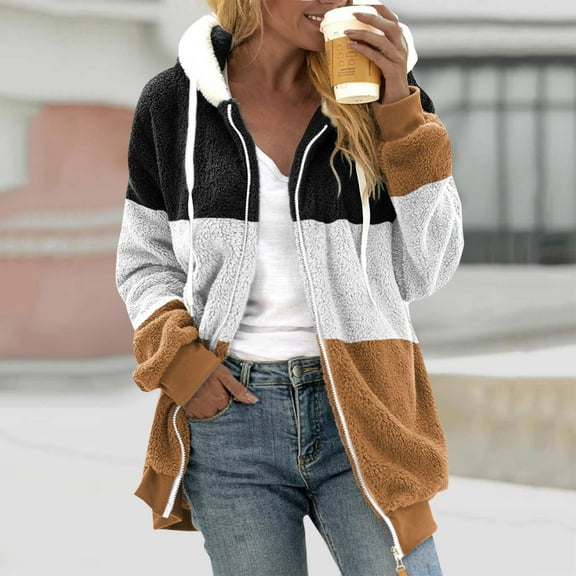 Idoravan Winter Coats for Women Plus Size Fashion Women's Zipper V-Neck Pullover Tops Long Sleeve Hooded Blouse Sweatshirt Brown XXL