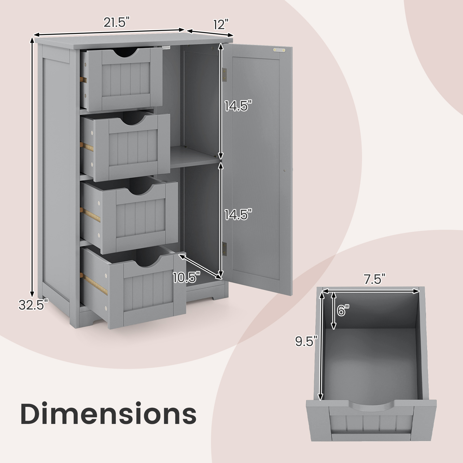 Gymax Bathroom Floor Storage Cabinet Wooden Freestanding Bathroom Storage Unit w/1 Door & 4 Drawers Grey