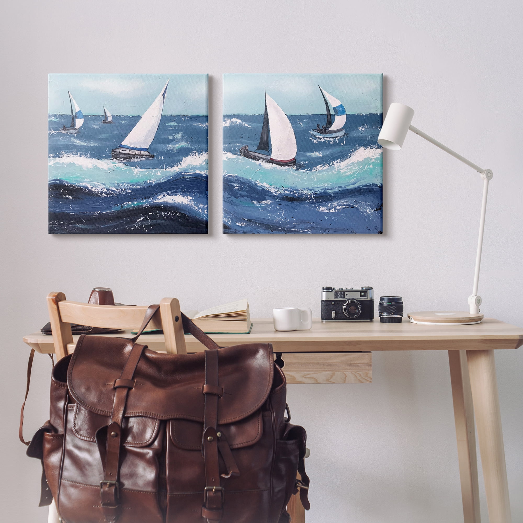 Stupell Sailboats Rough Ocean Waves Splash Landscape Painting Gallery Wrapped Canvas Print Wall Art, Set of 2