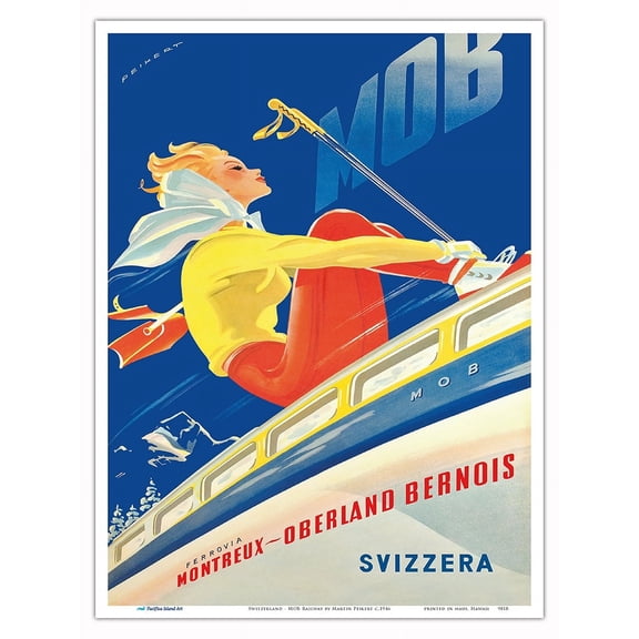 Switzerland (Svizzera) - Skier on Train - Montreux-Oberland Bernois (MOB) Railway - Vintage Railroad Travel Poster by Martin Peikert c.1946 - Master Art Print (Unframed) 9in x 12in