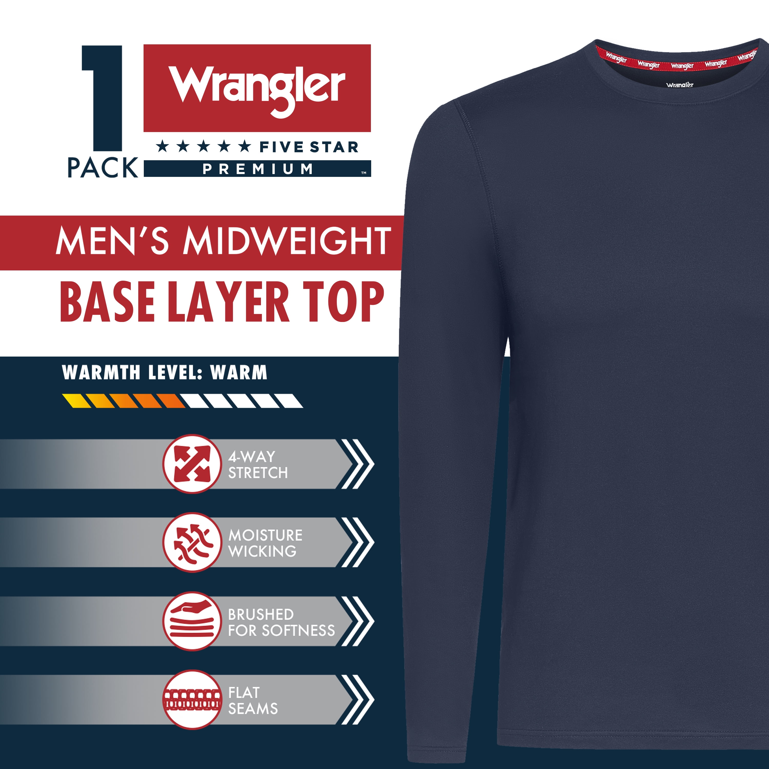 Wrangler Brushed Performance Top Base Layer for Men, Thermal Fabric Long Sleeve Shirt, M-2XL