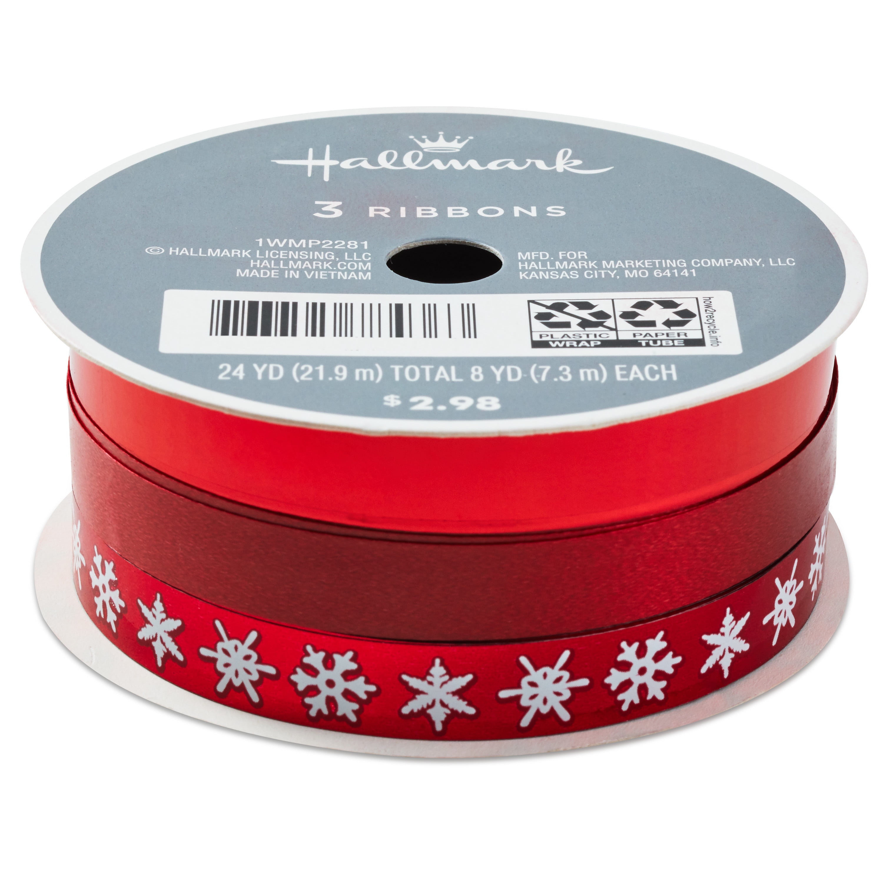Hallmark 3-Pack Christmas Curling Ribbon (Assorted Red Designs)