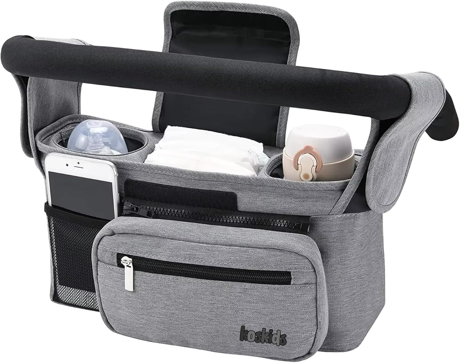 Universal Stroller Organizer with Insulated Cup Holder, Detachable Phone Bag, Shoulder Strap – Fits All Stroller Types, Keeps Drinks Hot/Cold