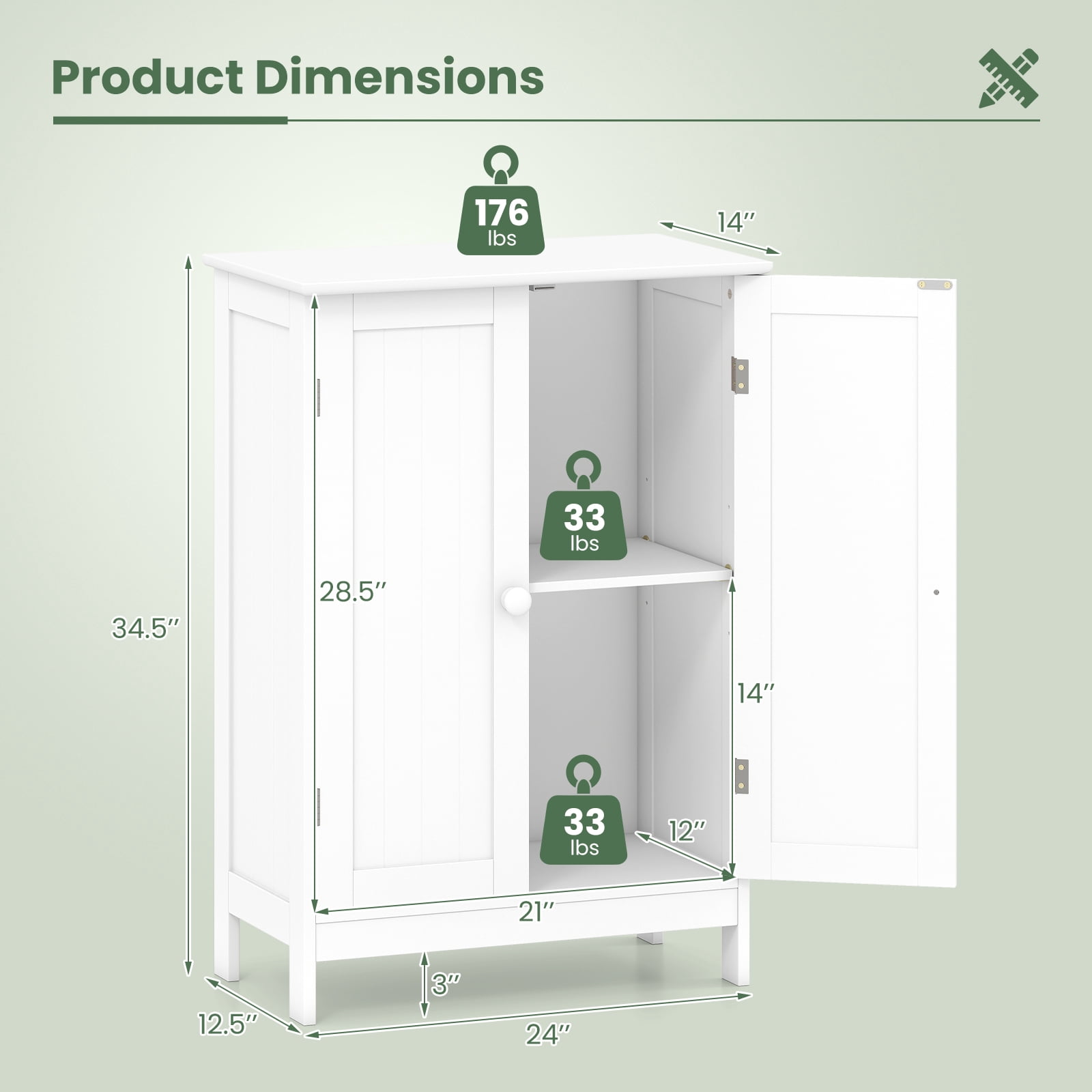 Giantex Bathroom Floor Cabinet, Wooden Freestanding Storage Cabinet with Double Doors, Suitable for Bathroom, Living Room, Bedroom, Entryway