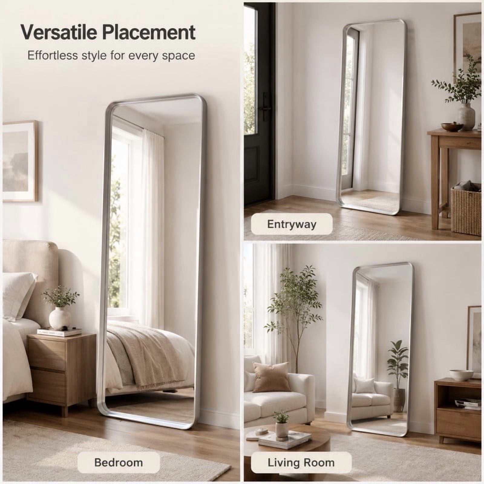 Easy4Home 64"x21"Deep Frame Rounded Rectangle Full Length Dressing Mirror Floor Standing Mirror Wall Mounted,Silver