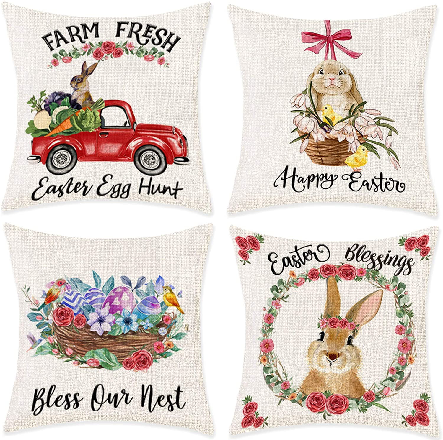 Kithomer Set of 4 Happy Easter Rabbit Egg Throw Pillow Case Vintage Truck Cushion Cover Spring Home Decoration Cotton Linen 18 x 18 Inch