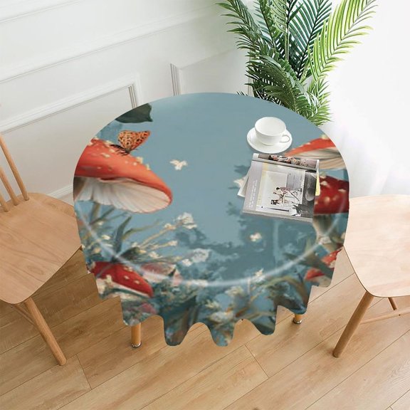 RKSupls 60 Inch Round Tablecloth, Mushroom Forest Premium Polyester Straight Edge Wrinkle Resistant Washable Table Cover for Party Home Dining Decor