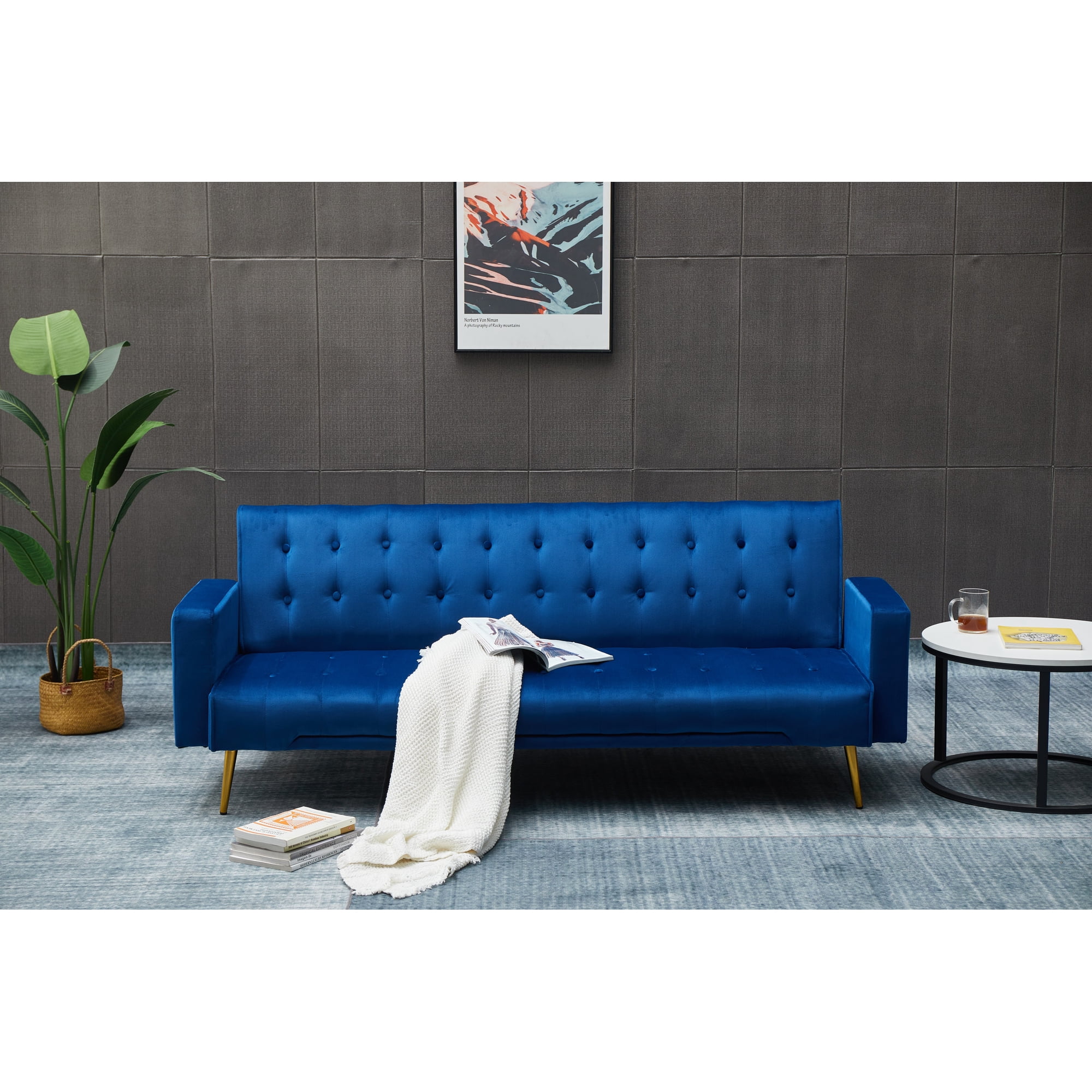 Milhouse Living 3-Seat Sofa Bed with Golden Metal Legs - Velvet Upholstery Solid Wood Frame - Dark Blue