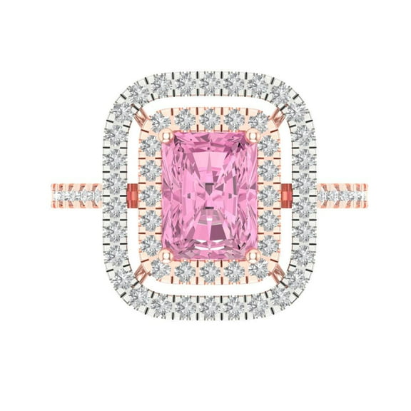 Clara Pucci 14K Rose/White Gold Solid Gold Pink Halo Anniversary Ring for Women - 2.62 cttw Emerald Cut